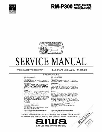 Aiwa RM-P300 Service Manual Revision e Supplement, Radio Tape Receiver - Tape mech. TN-9ZR-215 - (3,62Mb) pag. 14 +2